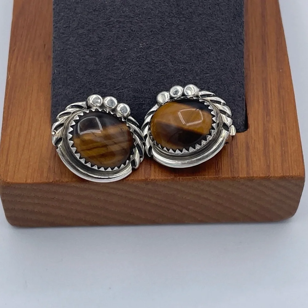 Vintage Natural Tiger’s Eye Earrings 925 Sterling Silver Southwestern Clip-On
